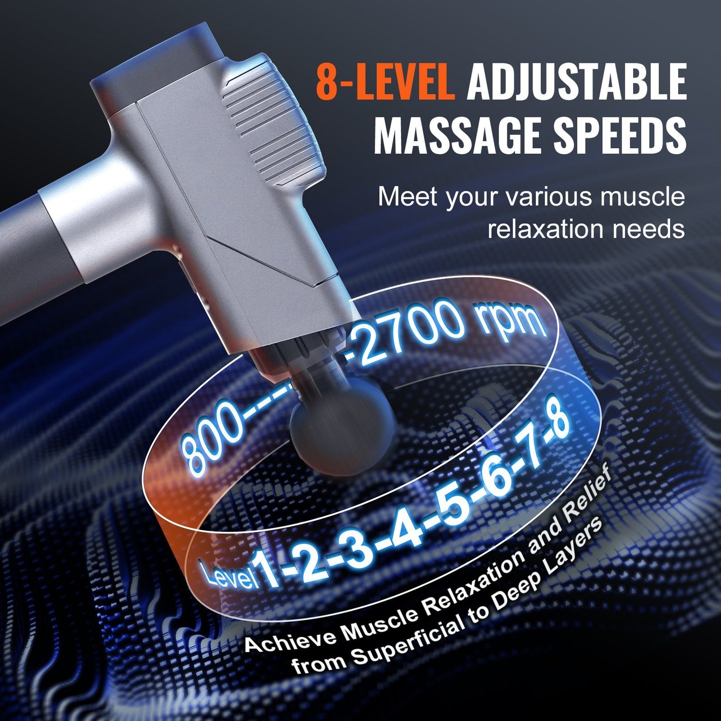 VEVOR Massage Gun Deep Tissue, Percussion Muscle Massager For Athletes - With 8 Speed Levels & 6 Massage Heads, 16V 2500mAh Batteries, Handheld  Massage Gun For Pain Relief, Muscle Relaxation