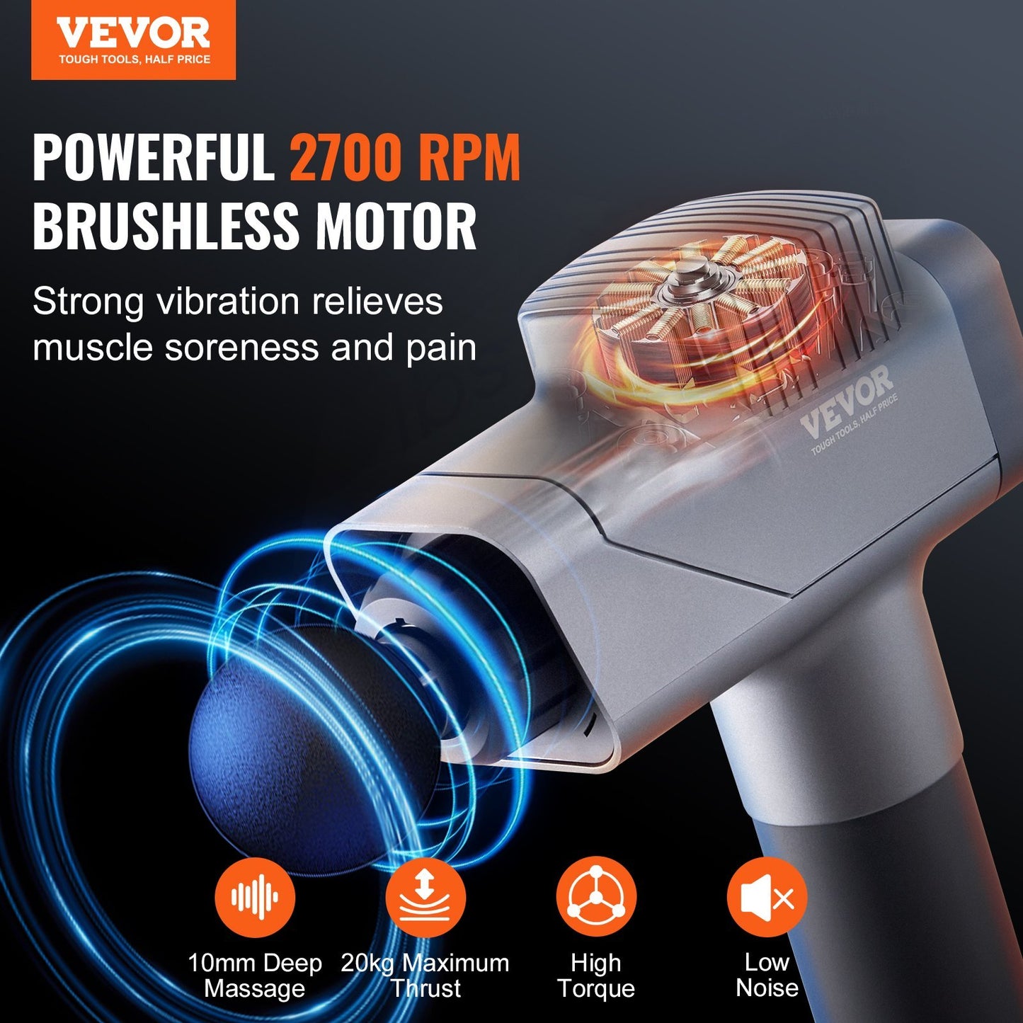 VEVOR Massage Gun Deep Tissue, Percussion Muscle Massager For Athletes - With 8 Speed Levels & 6 Massage Heads, 16V 2500mAh Batteries, Handheld  Massage Gun For Pain Relief, Muscle Relaxation